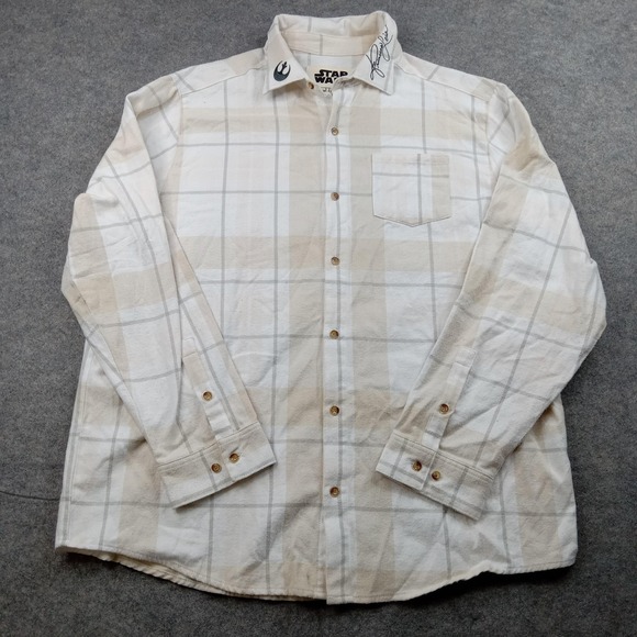 Star Wars Cakeworthy Shirt Mens 2XL Beige Plaid Flannel Button Up Wookiee - Picture 2 of 8